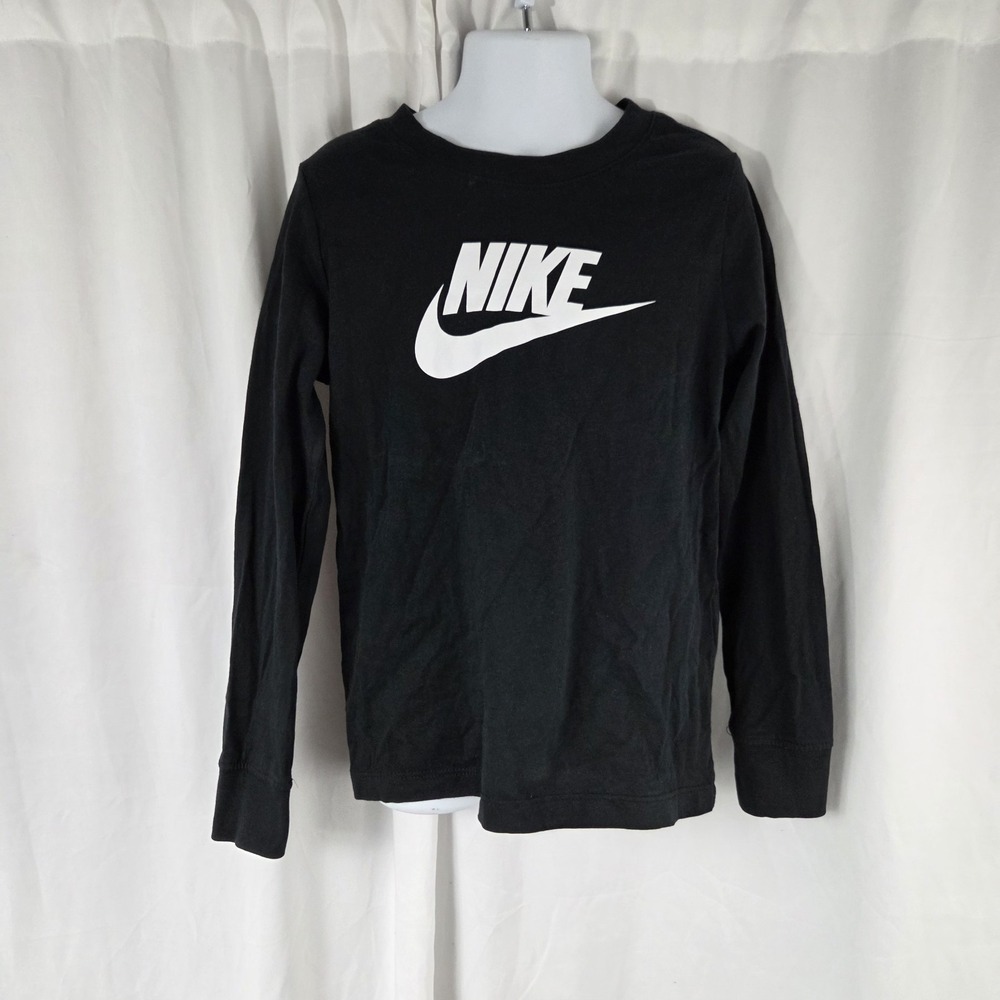 Nike Kids Long Sleeve T Shirt Black White Swoosh Logo Cotton Tee XS